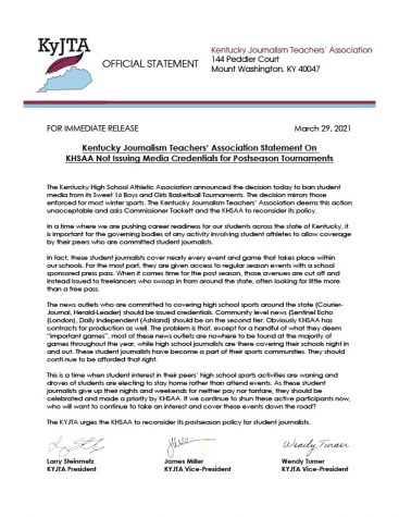 KYJTA Statement on KHSAA Student Media Postseason Ban